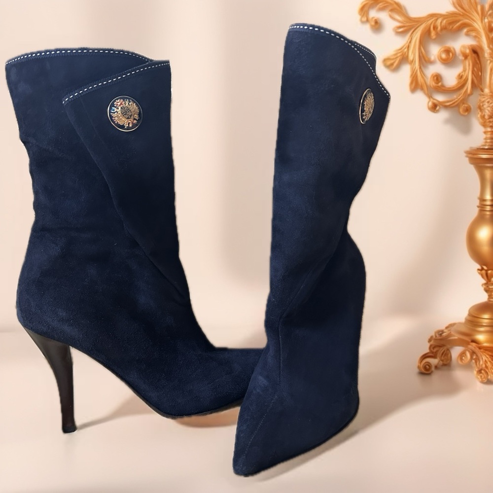 Vicini Navy Blue Suede Women's Heeled Boots